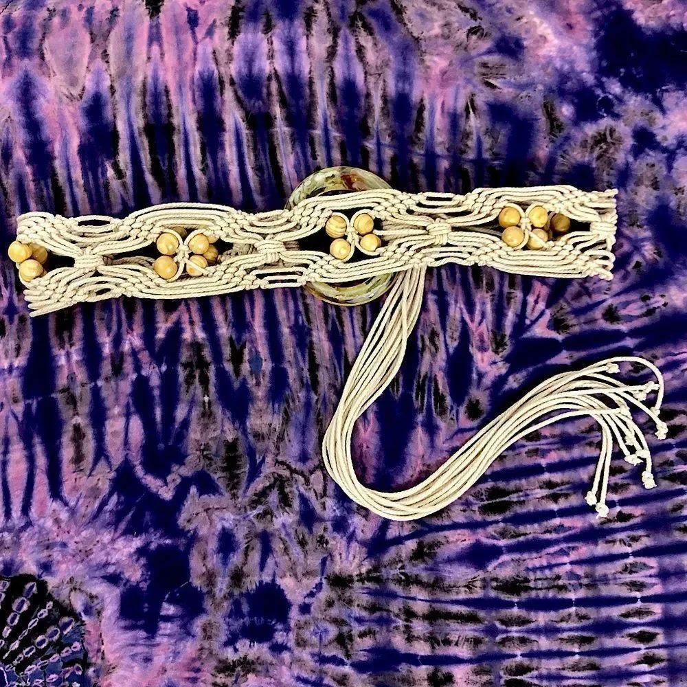 Vintage 70’s Macrame Bohemian Braided Rope Belt with Wood Beads